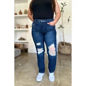 Judy Blue High Waist Rigid Magic Heavy Destroy Straight Jeans - Plain Denim Bottoms for Women, Below the Ankle Length, Cotton Blend, All Seasons Wear