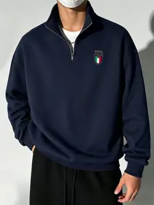 College Style Half-Zip Stand Collar Sweatshirt, Italian Flag Print, Casual Loose Fit, Unisex Spring & Fall Top, Geometric Pattern