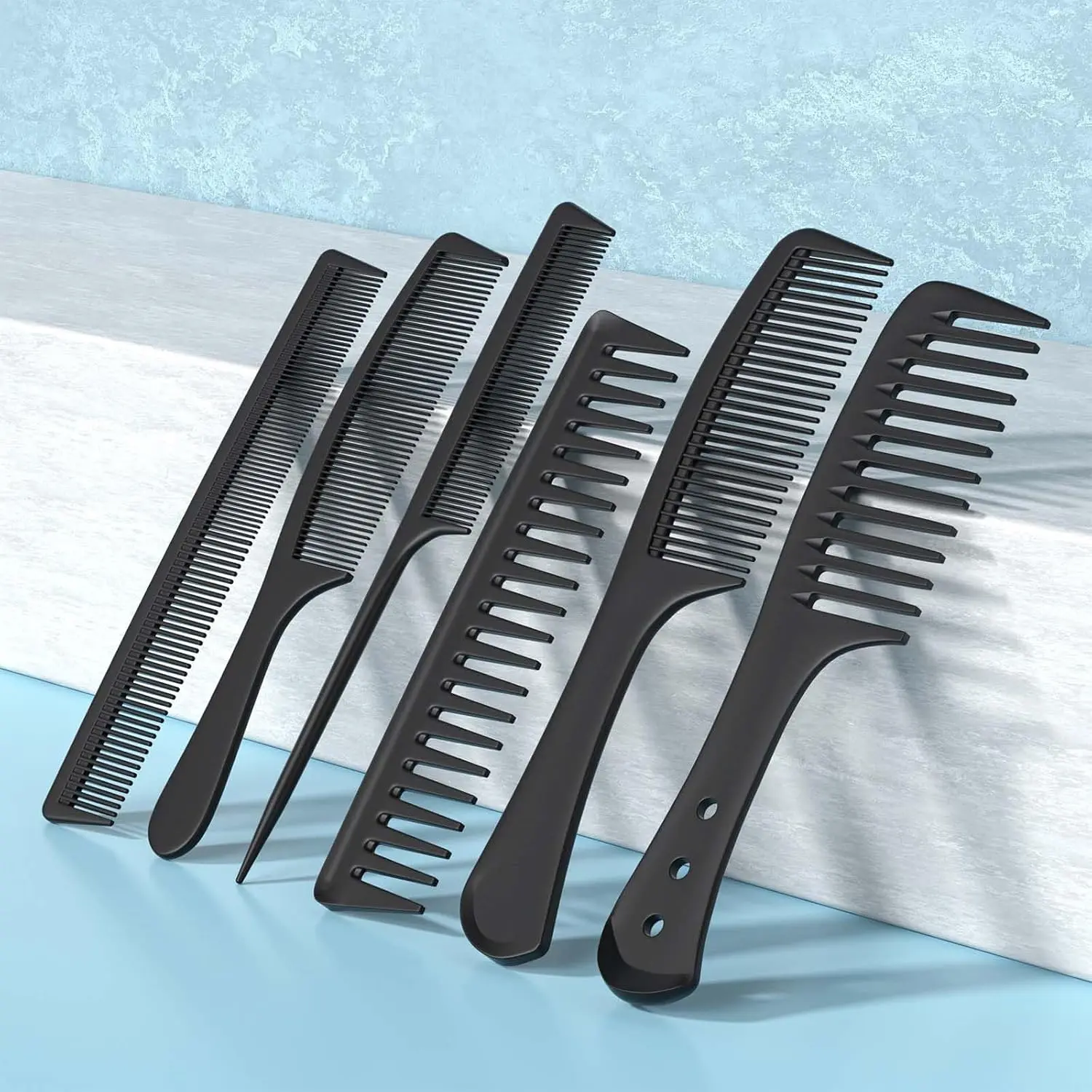 6 PCS Hair Comb Set Black, Durable Wide and Fine Tooth Rat Tail Hair Barber Comb for Women & Man, Professional Combs for Wet Curly Natural Hair Detangling Parting Teasing Styling & Cutting