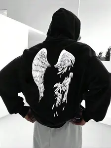 Men's Wings Print Relaxed Fit Drop Shoulder Long Sleeve Hoodie Pullover, Street Casual Fashion Drawstring Pocket Hooded Sweatshirt for Daily Wear, Men's Tops for Spring & Fall, Soft Fabric