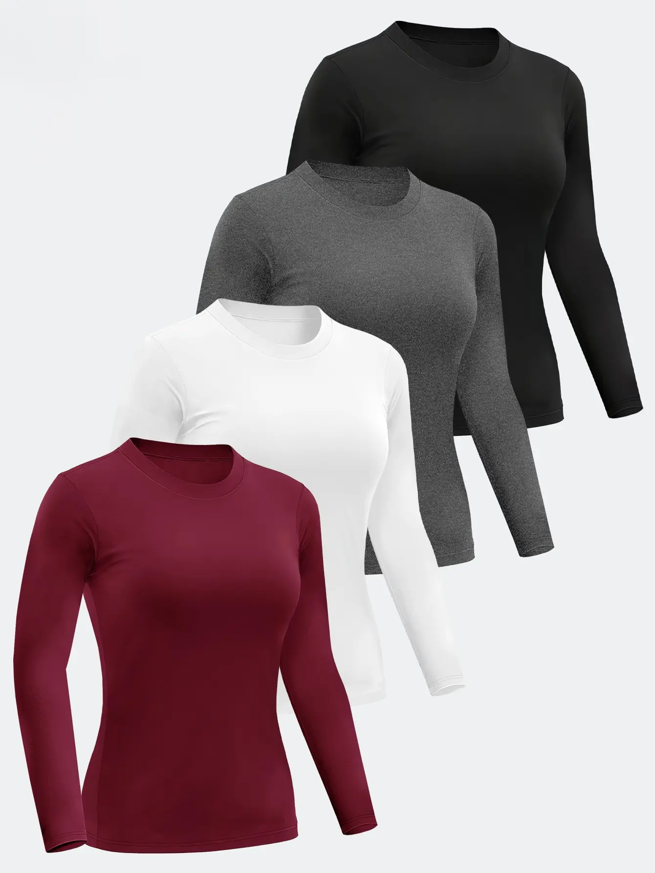 Women's 4-Piece Athletic Baselayer Top Set - Slim-Fit Long-Sleeve Crew Neck Thermal Shirts (Black, White, Maroon) | Athletic Fashion Activewear, Gym Clothes, Daily Wear Sportswear, Crew Neck Sportswear | summerwins Workout Wear, Gym Athletic Clothes