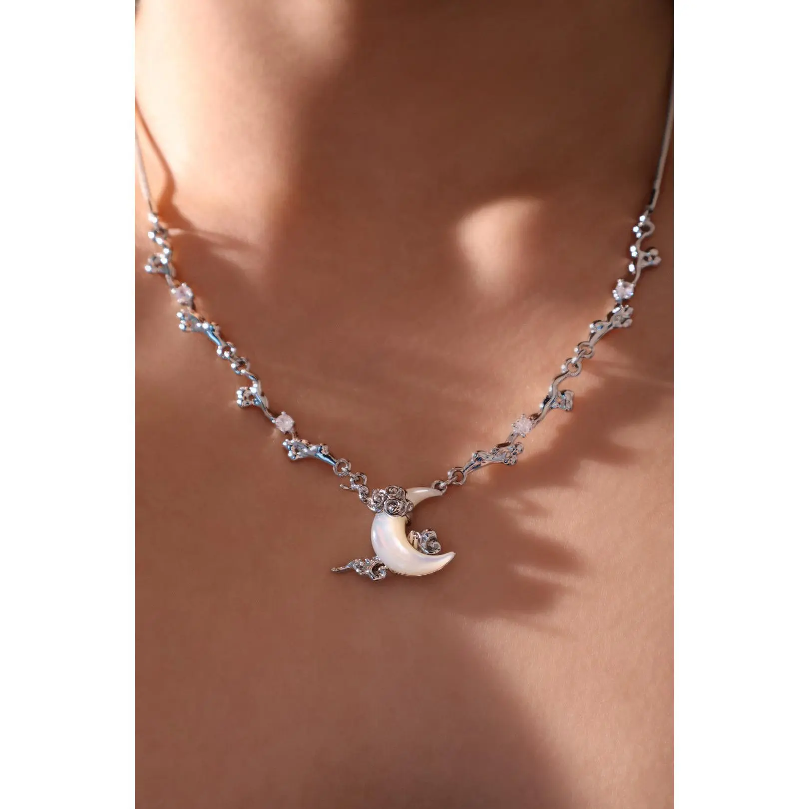 Platinum Plated Diamonds Natural Shell Moon Necklace