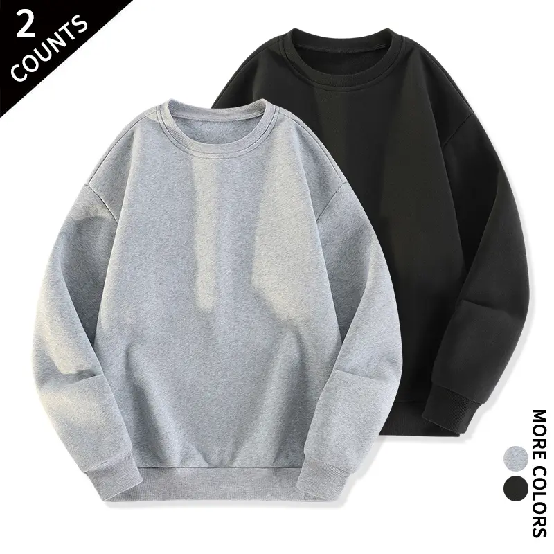 Men's 2-Count Unisex Plain Round Neck Pullover Sweatshirts, Polyester Menswear Tops, Soft Breathable Long Sleeve Casual Loungewear for Daily Errands