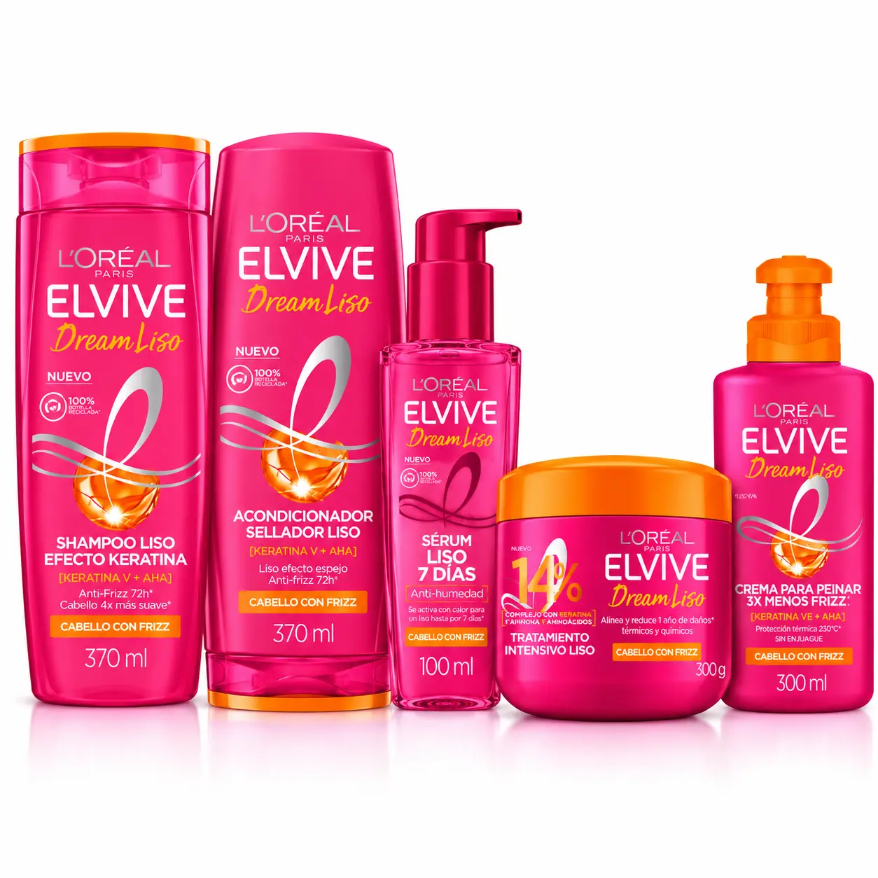 L'Oréal Paris Elvive Dream Liso – 5-Piece Keratin + AHA Hair Care Bundle | Shampoo, Conditioner, 7-Day Smoothing Serum, Hair Mask & Leave-In Cream | Anti-Frizz & Smooth Hair | From Mexico