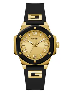 GUESS Female Gold-Tone and Black Silicone Analog Watch