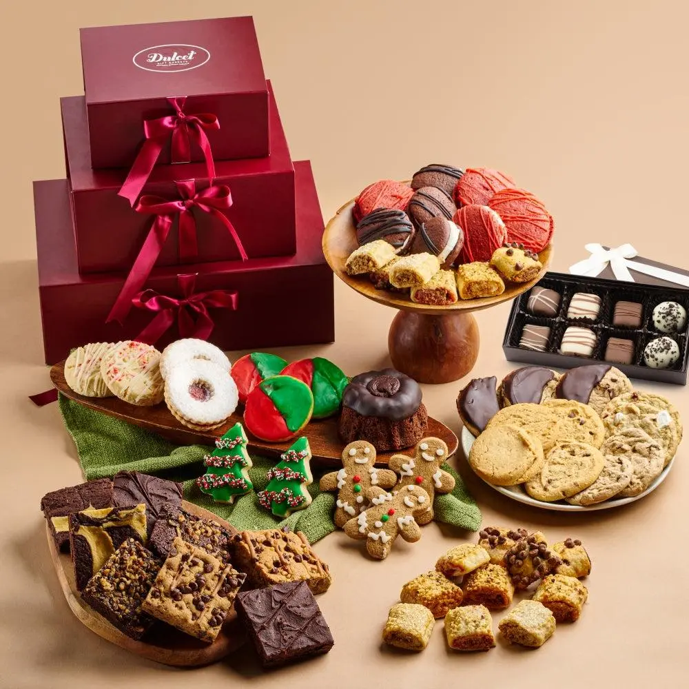 Dulcet Gift Tower - Ultimate Holiday Sampler with Gingerbread Cookies, Linzer Tree Cookies, Chocolate Pies, and More - Snack