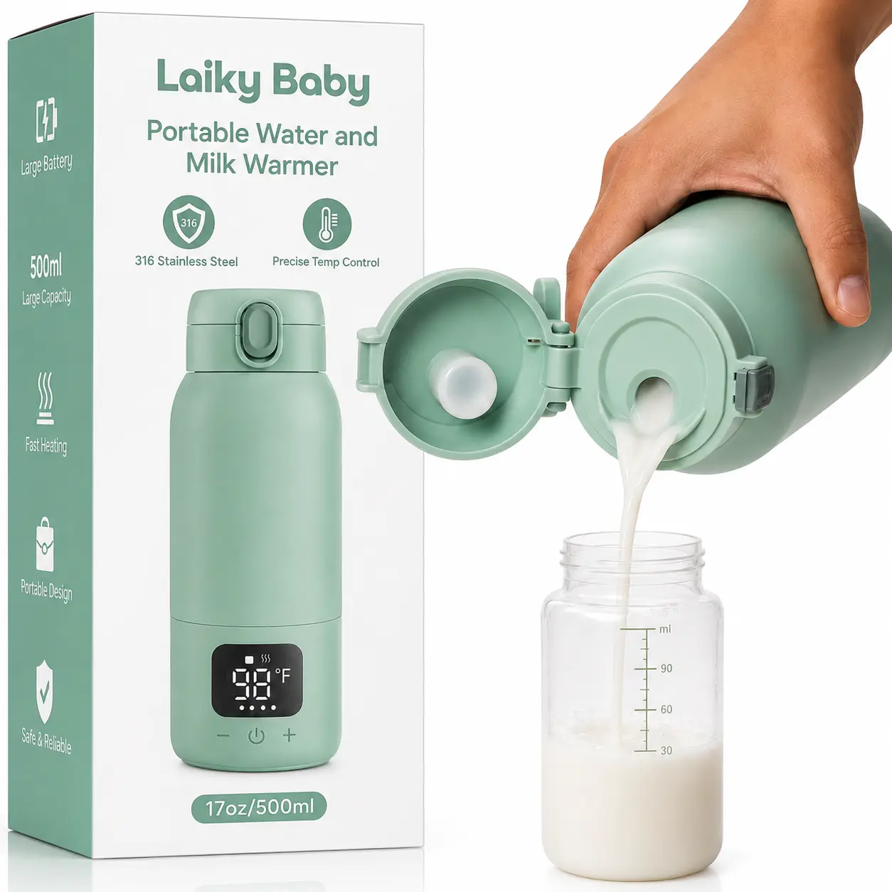 Laiky Baby Portable Milk Warmer | Rechargeable Travel Warmer for Brest Milk & Water with Digital Temperature Control, Portable Warmer with Fast Heating & Long Battery Life, 17oz/500ml Large Capacity to Meet Your All-Day Needs | Baby Feeding Essentials