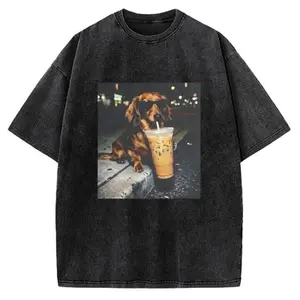 Funny Dachshund Drinking Iced Coffee Vintage Washed T-shirt, Gym Essential, Vintage Casual Crewneck Short Sleeves Menswear Womenswear Tops Classic Cotton Fabric Streetwear