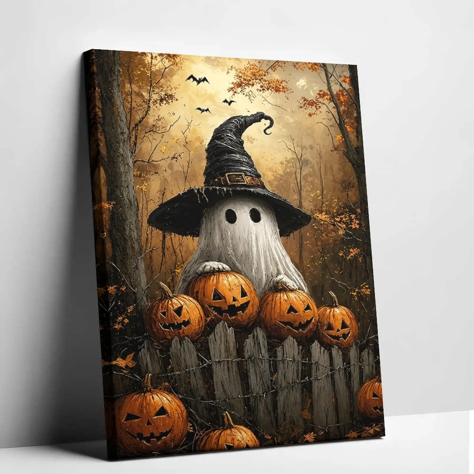 Cute Ghost with Witch Hat Canvas Print Spooky Trendy Ghost Trend Wall Art Vintage Jack o Lantern Poster Gothic Aesthetic Living Room Bedroom Decor Whimsical Room Art Canvas Painting