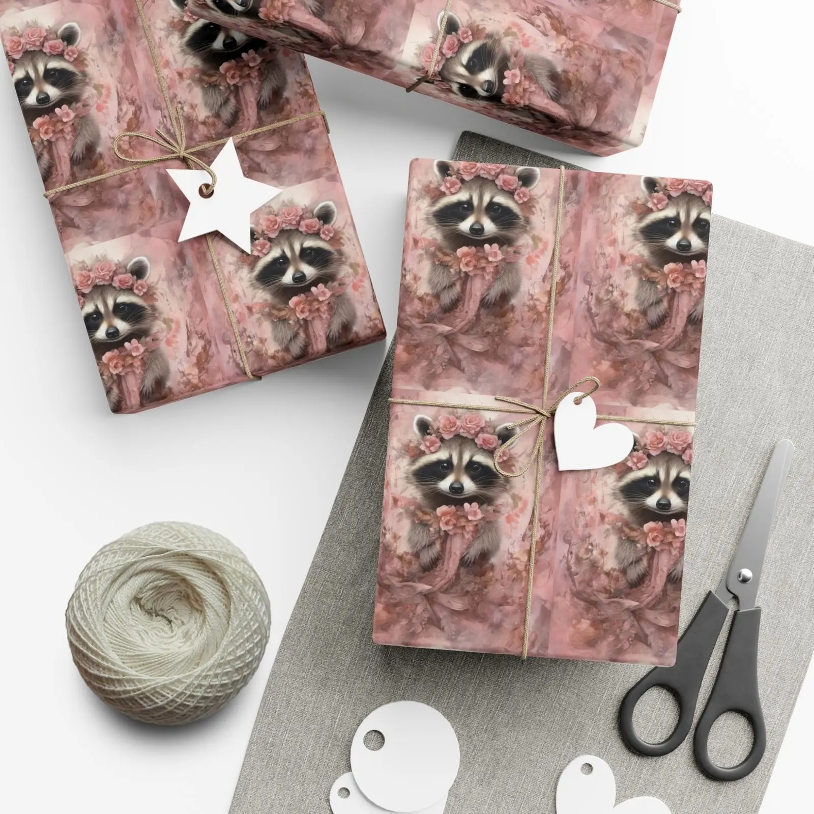Cute Baby Girl Raccoon Wrapping Paper, Woodland Animal Baby Shower Gift Wrap, Adorable Raccoon Nursery Theme Present Paper