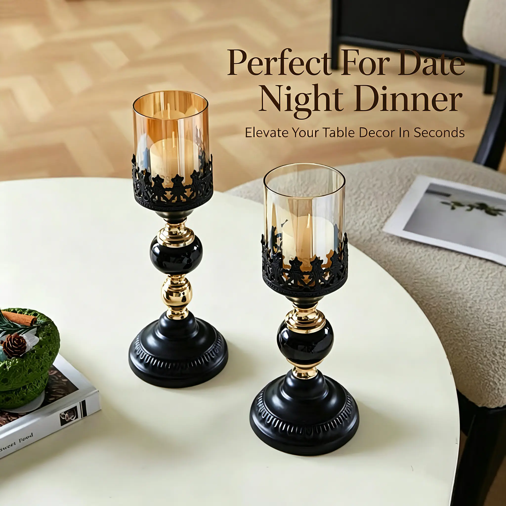Luxurious black and gold Gothic-style metal candle holder  with an amber-colored windproof glass cover; a tabletop ornament and home decor piece, ideal as a holiday gift—candle holder set for Halloween and Christmas decorations.A great gift.