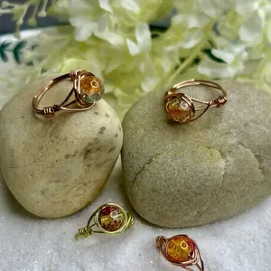 Handmade Wire Wrap Glass Marble Ring - Unique Design with Natural Marble Stone Accent