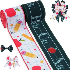2 Rolls  to School Ribbon 2.5" x 10 Yards Wired Edge Burlap ABC  Pencil Teacher Ribbon  to School Classroom Decoration Crafts  Wrapping Bow ( to School - ABC)