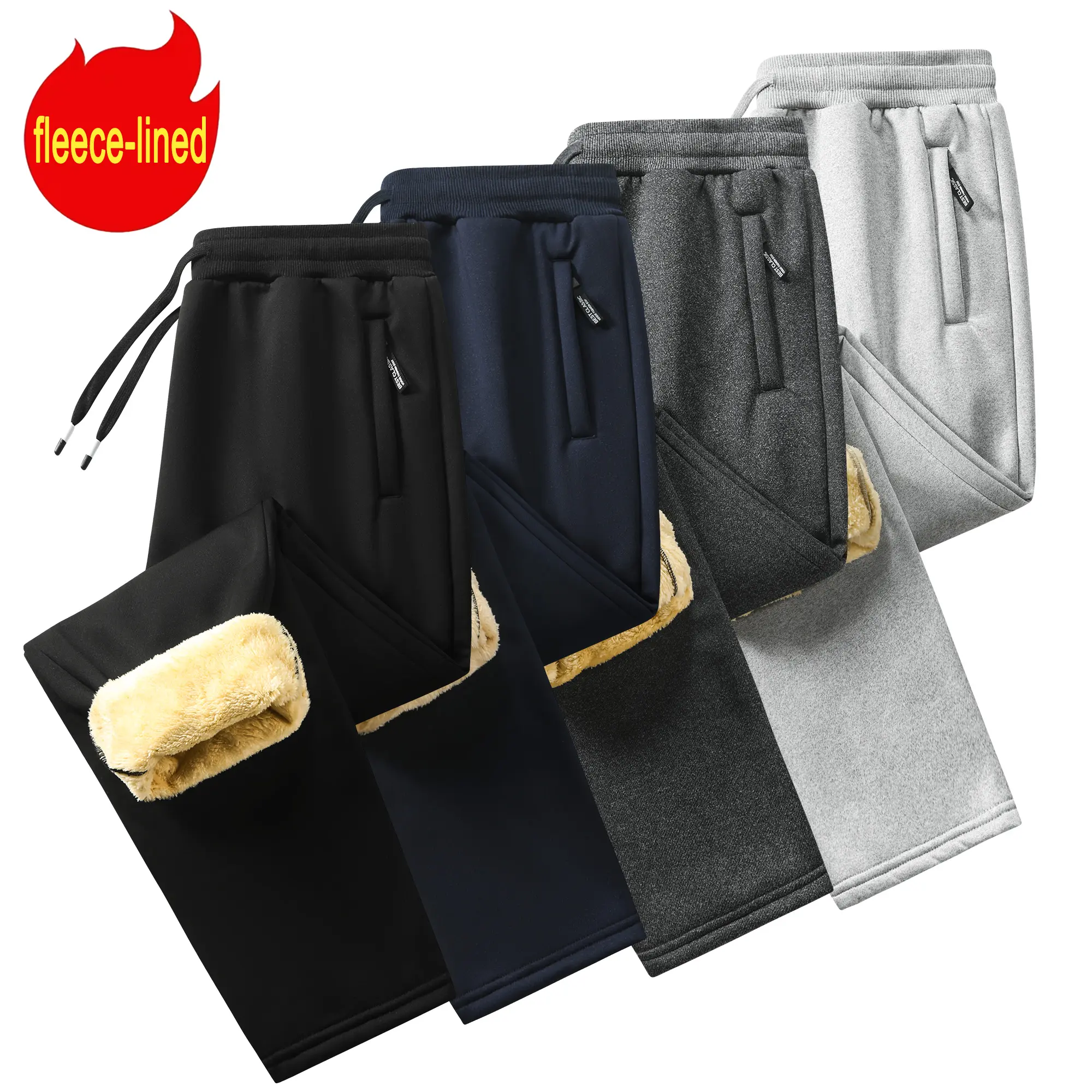 Men’s winter fleece-lined thick sweatpants, loose straight-leg casual pants with drawstring elastic waistband, warm athletic long pants