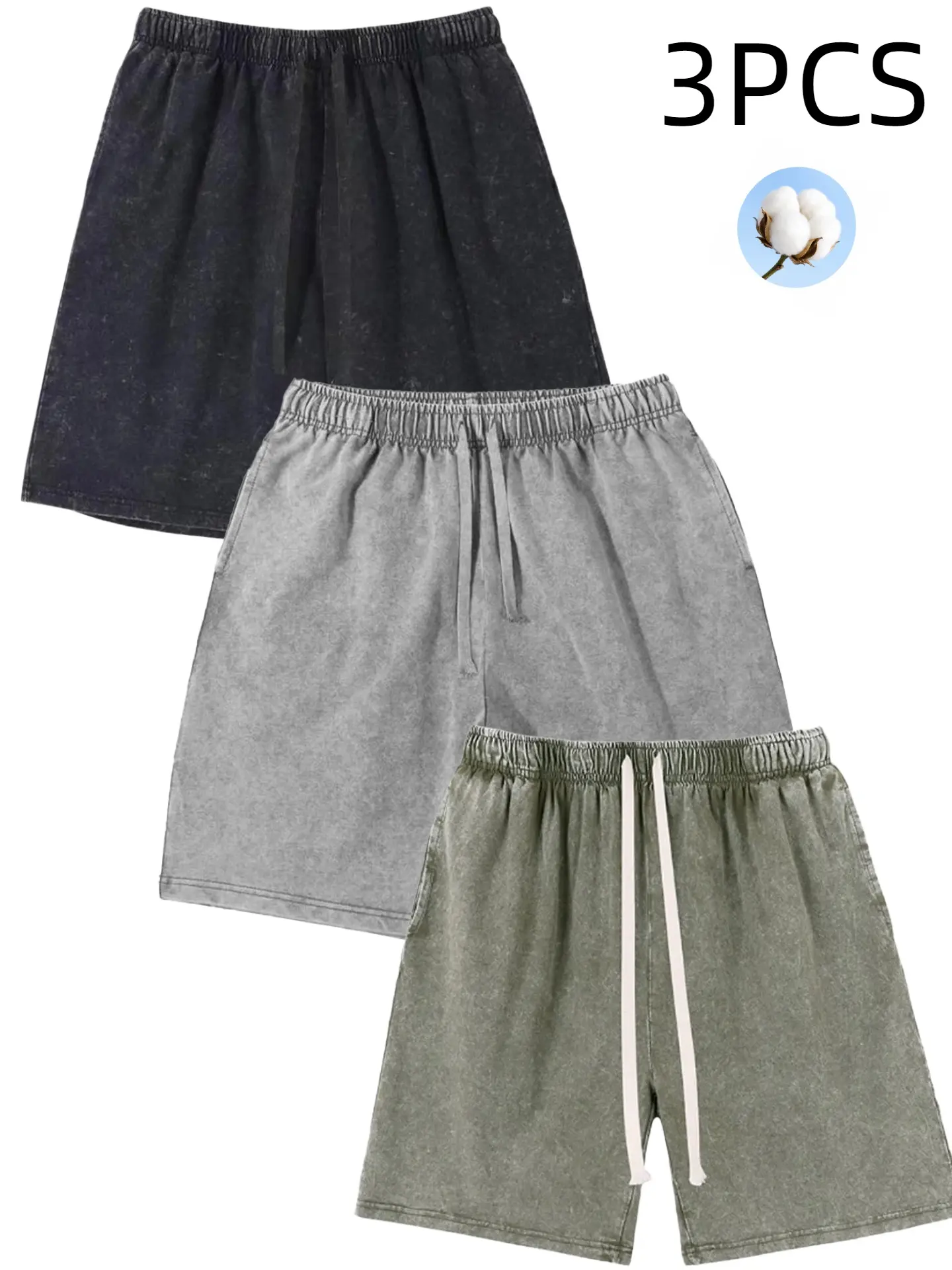 3 Pack Men's Washed Cotton Sweat Shorts, Elastic Waist Drawstring Shorts with Pockets, Solid Color Casual Summer Gym Running Lounge Shorts for Men