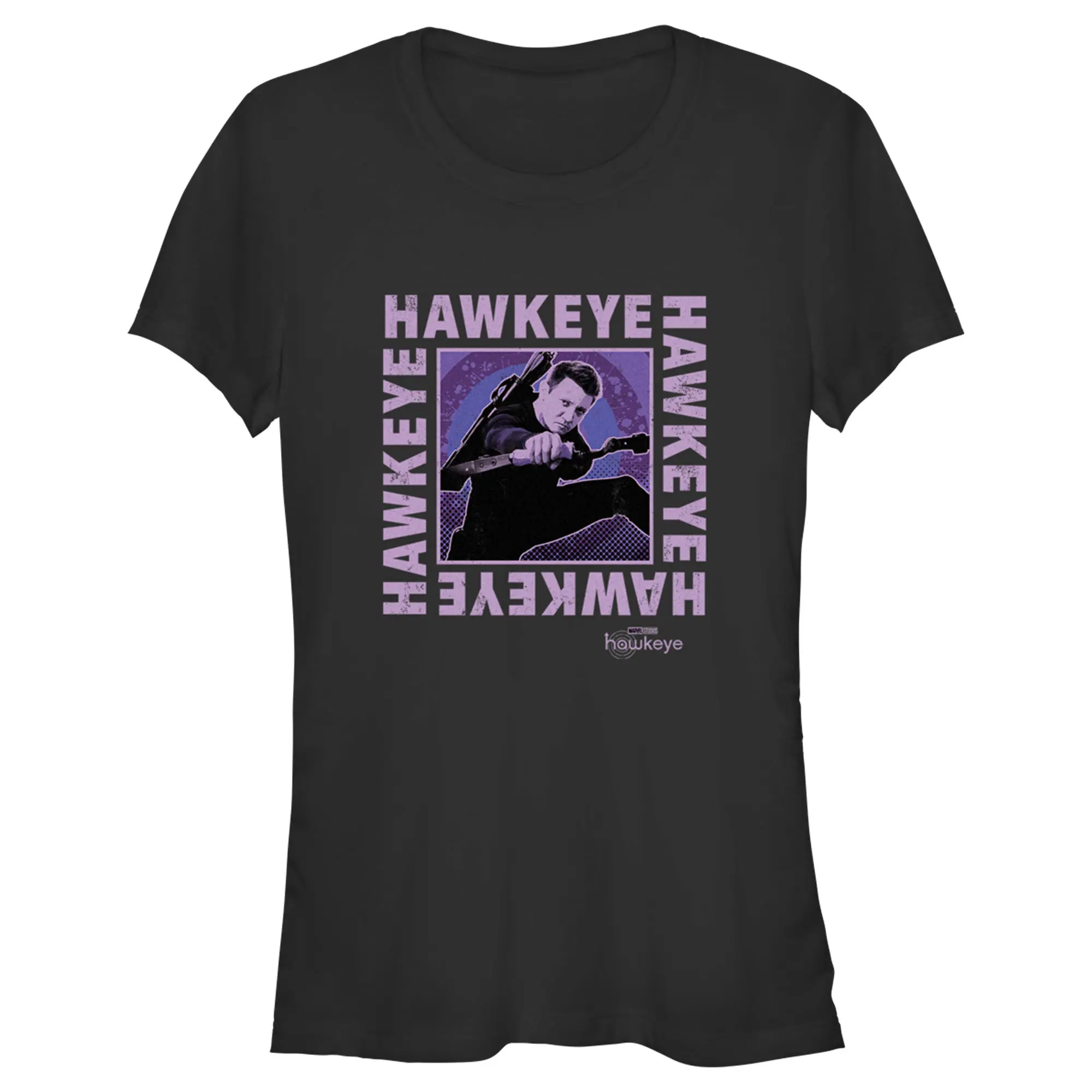 Juniors Womens Marvel Hawkeye Ready To Shoot Bow Purple Box T-Shirt