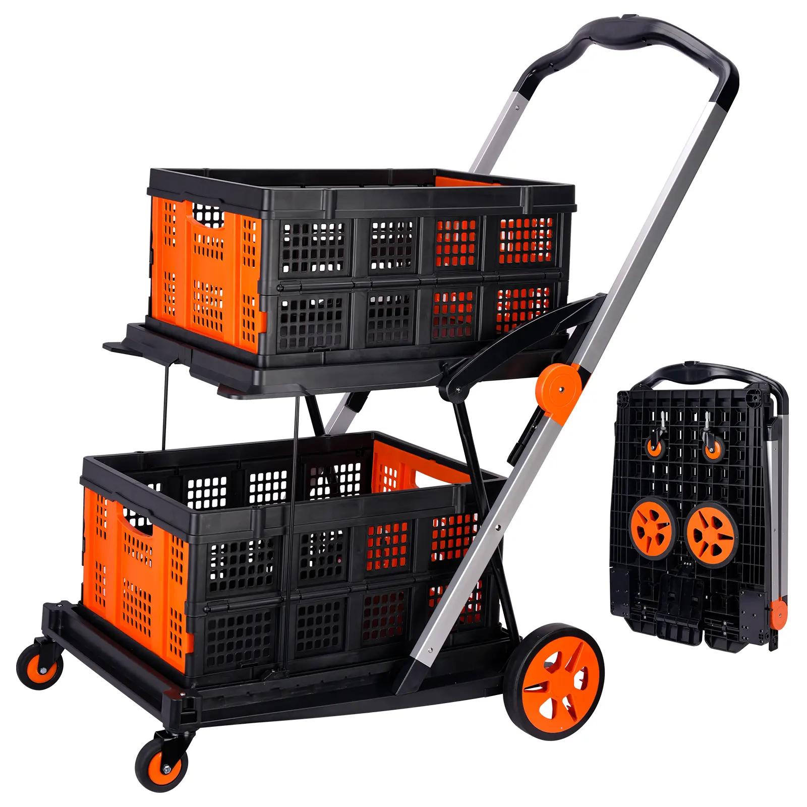WGCTEK Foldable Shopping Cart with Two Collapsible Crates on Wheels Foot Brake for Groceries Office Warehouse Supermarket