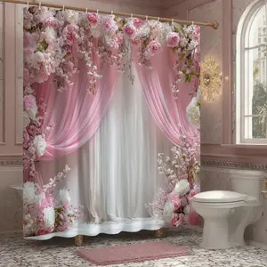 72"x72" 3D printed shower curtain, four-piece shower curtain set, bathroom mat, toilet seat cover, U-shaped floor mat, Valentine's Day series with pink rose pattern, waterproof fabric, comes with 12 plastic hooks, no drilling required, easy to install,