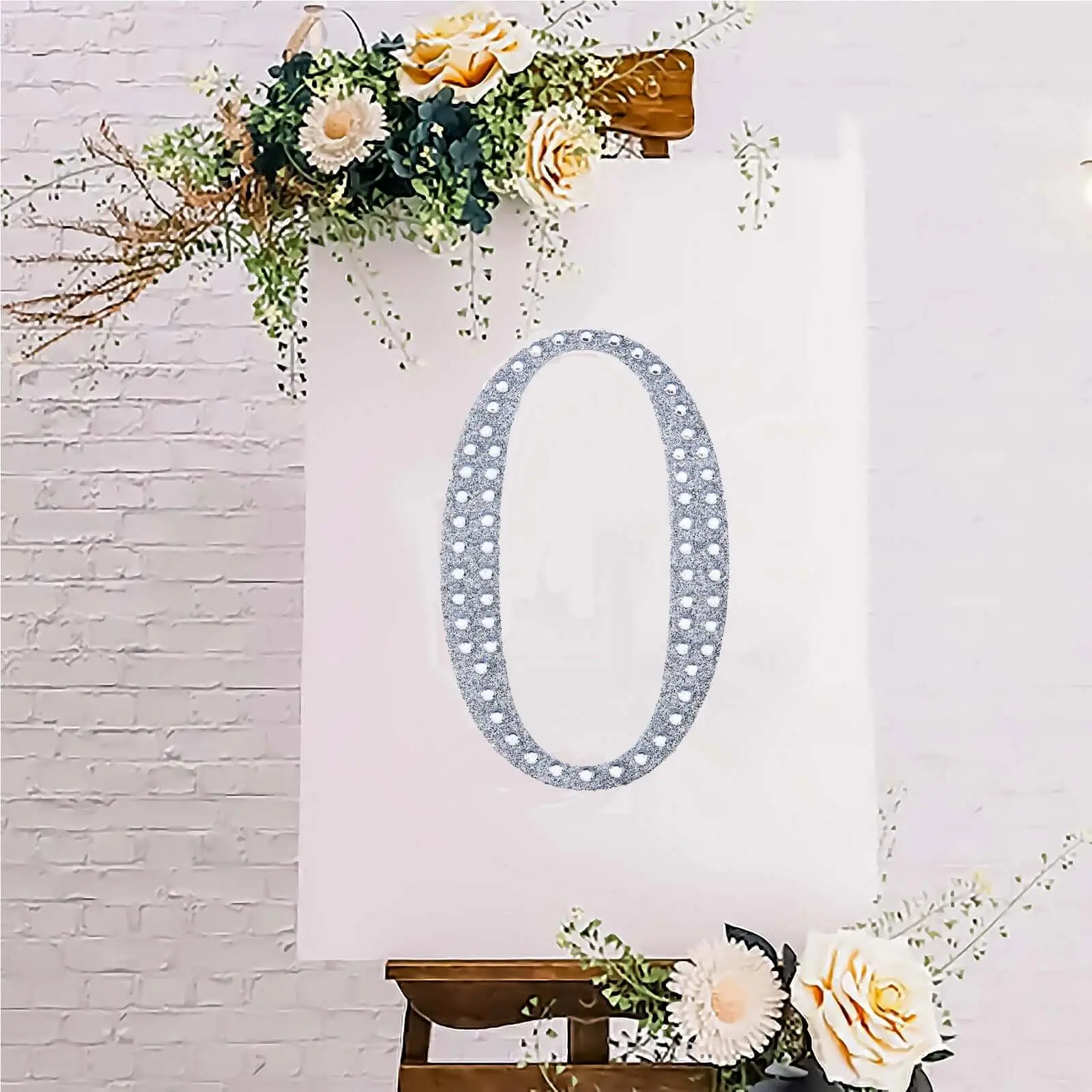 8" Silver Glitter Decorative Rhinestone Number "0" Stickers - Sparkly Adhesive Decorative Decal, Number Print Stickers for DIY Craft, Party, Wedding Embellishments