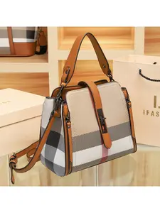 Women's new trendy bucket bag, fashionable genuine leather checkered shoulder bag with a high-end feel, versatile crossbody bag