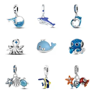 MULA Sea Animal 925 silver-plated Pendant with Enamel and Cubic Zirconia - Compatible with Pandora Bracelets and Necklaces Sea, Perfect Gift for Beach Lovers, Girls, Teens, Dolphin Pendant, Octopus Pendant