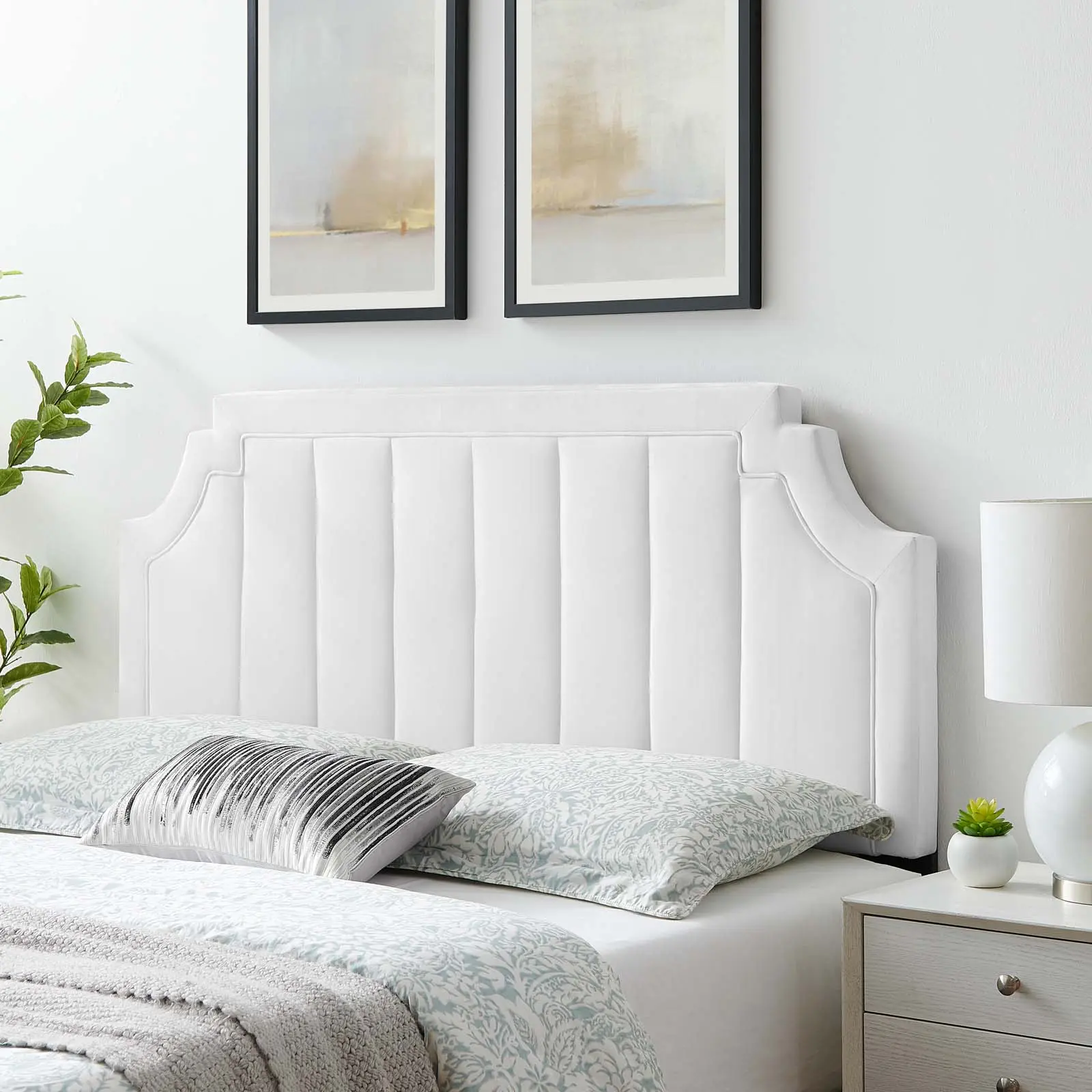 Modway Alyona Adjustable Upholstered Tufted Headboard - King/California King, White, Performance Velvet, French Piping Detail, Sittable Padding, Adjustable Upholstered Headboard