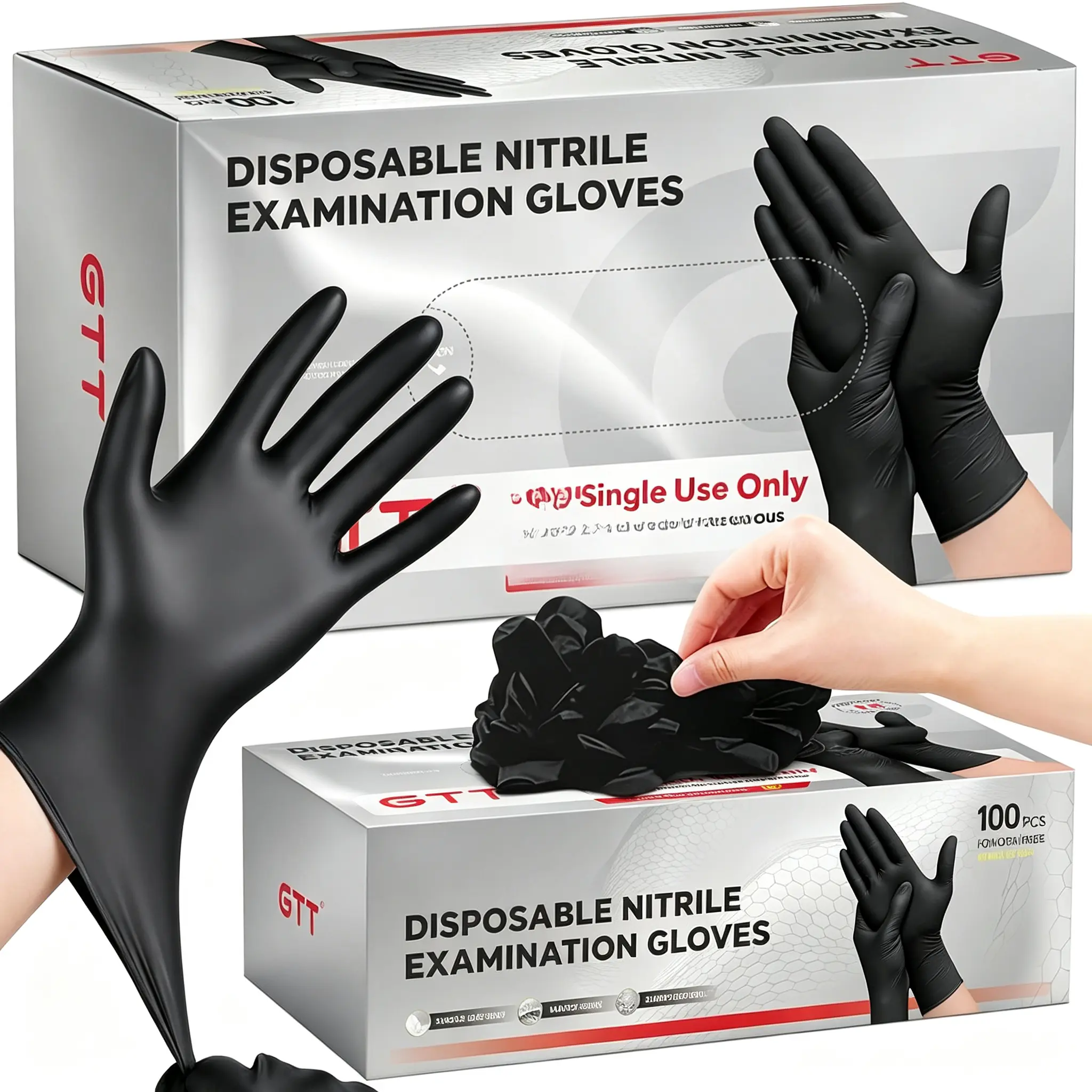 GTT Black Nitrile Exam Gloves, 200 Pcs, 5.5 Mil Powder-Free Latex Free Disposable Gloves for Food Prep, Cooking, Tattoo, Cleaning, Medical & First Aid
