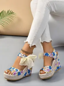Women'sFashionableFloralPatternBowknotDesignWedgeSandals,CasualBohoStylePeepToeSandalsforSummer,LightweightBreathableComfortableShoesforDailyWear,GirlGiftGift