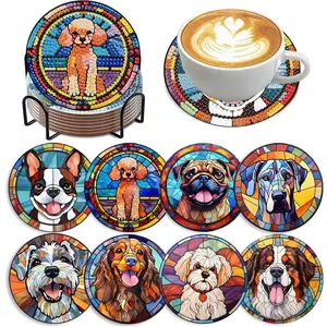 8-Piece Dog Pattern Diamond Painting Wooden Coaster Set, DIY Creative Home Decor, Fun and Festive Table Accessories, Diamond Painting Coasters