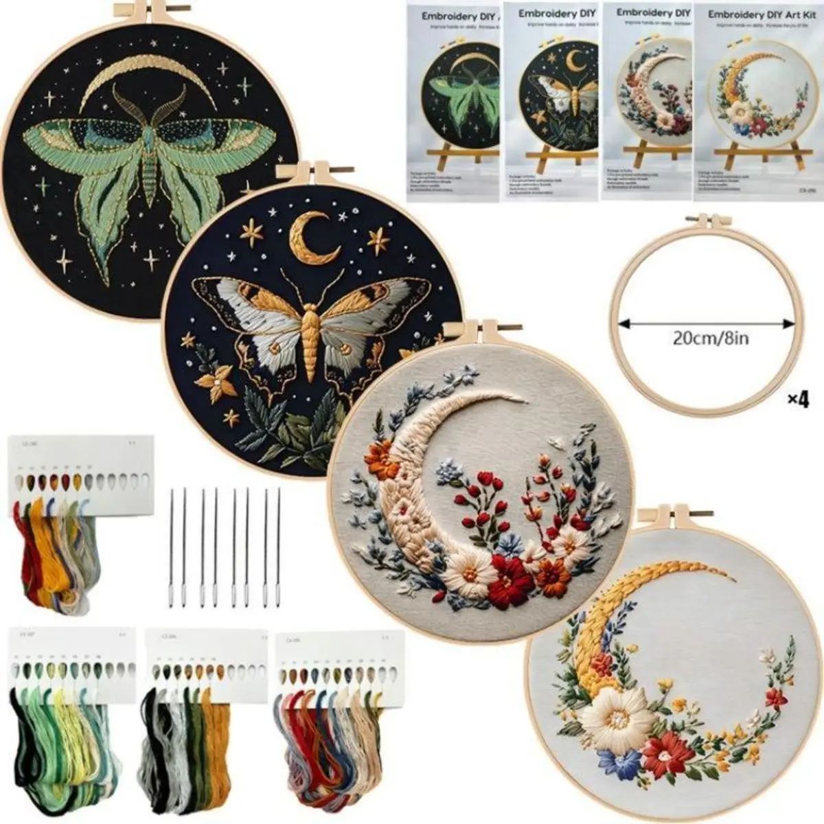 Beginner Hoop Embroidery Kit - Stamped Mixed Textile Fabric Hoop Set, 2 Needles, Threads, Instruction Manual, Adults' DIY Sewing Handmade Craft for Home Decor Relaxing Hobby Gift, Easy Diy Needlework Craft, Two Needles