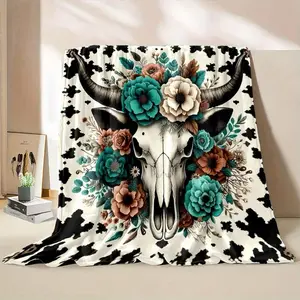 Country-Rustic Flannel Throw Blanket with Cartoon Bull Skull and Floral Design – Digital Print, 100% Polyester, Non-Woven Reversible, All-Season Cozy Cover