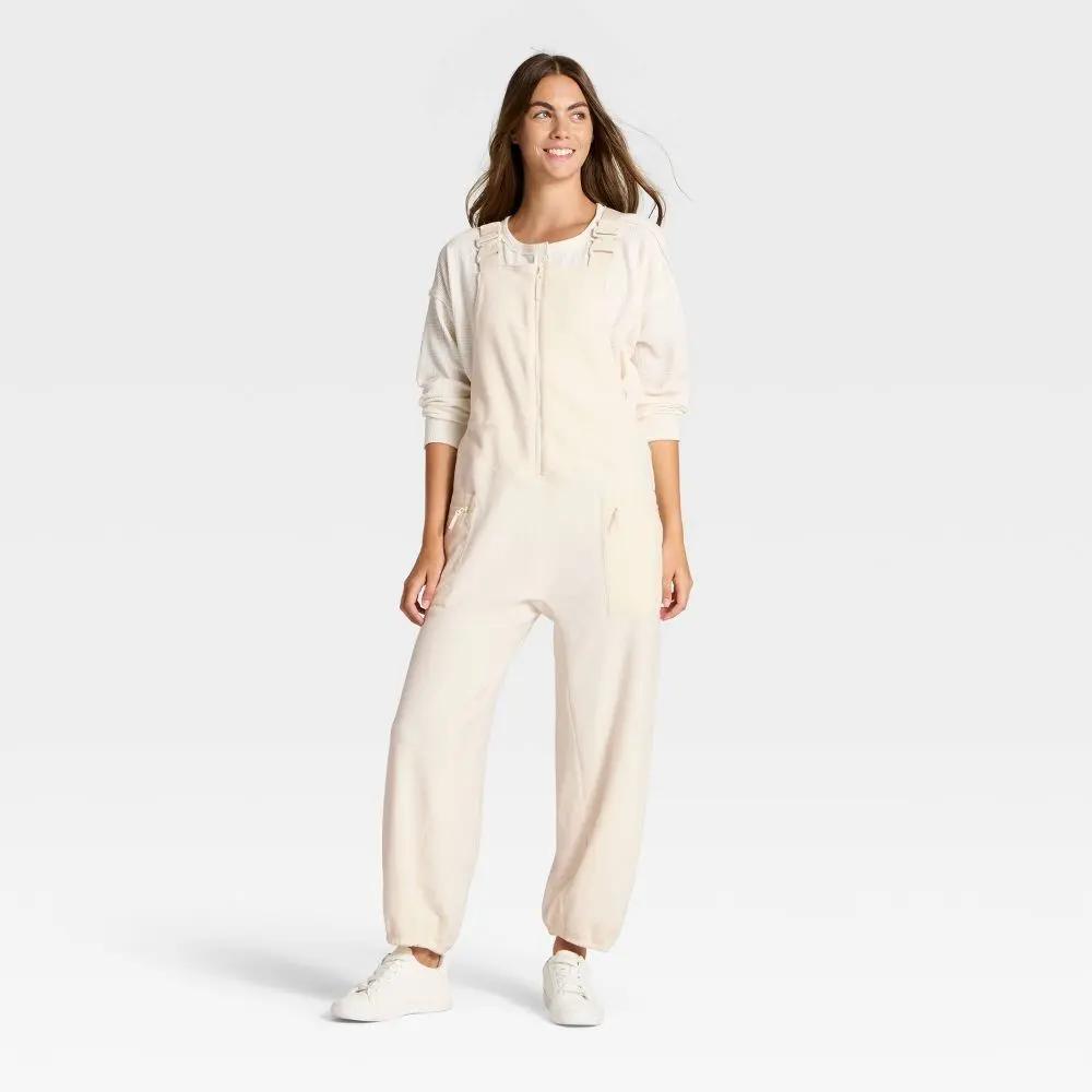Women's High Pile Polyester Fleece Overalls - JoyLab, Zipper Closure, Buckle Detail, Adjustable Straps, Durable Garment