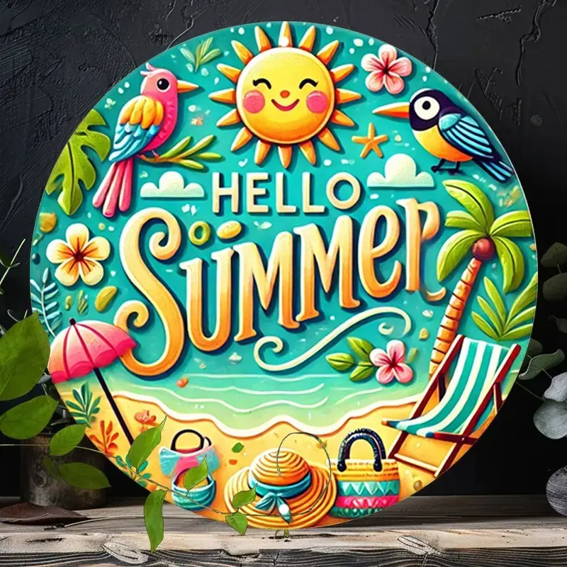 Retro Tropical Golden-Turquoise Decorative Metal Wall Sign - Hawaiian Iron Art with Palm Trees, Hibiscus, Flip-Flops, Lettering - Beach, Universal Home, Pool Coastal Indoor Decor Plaque
