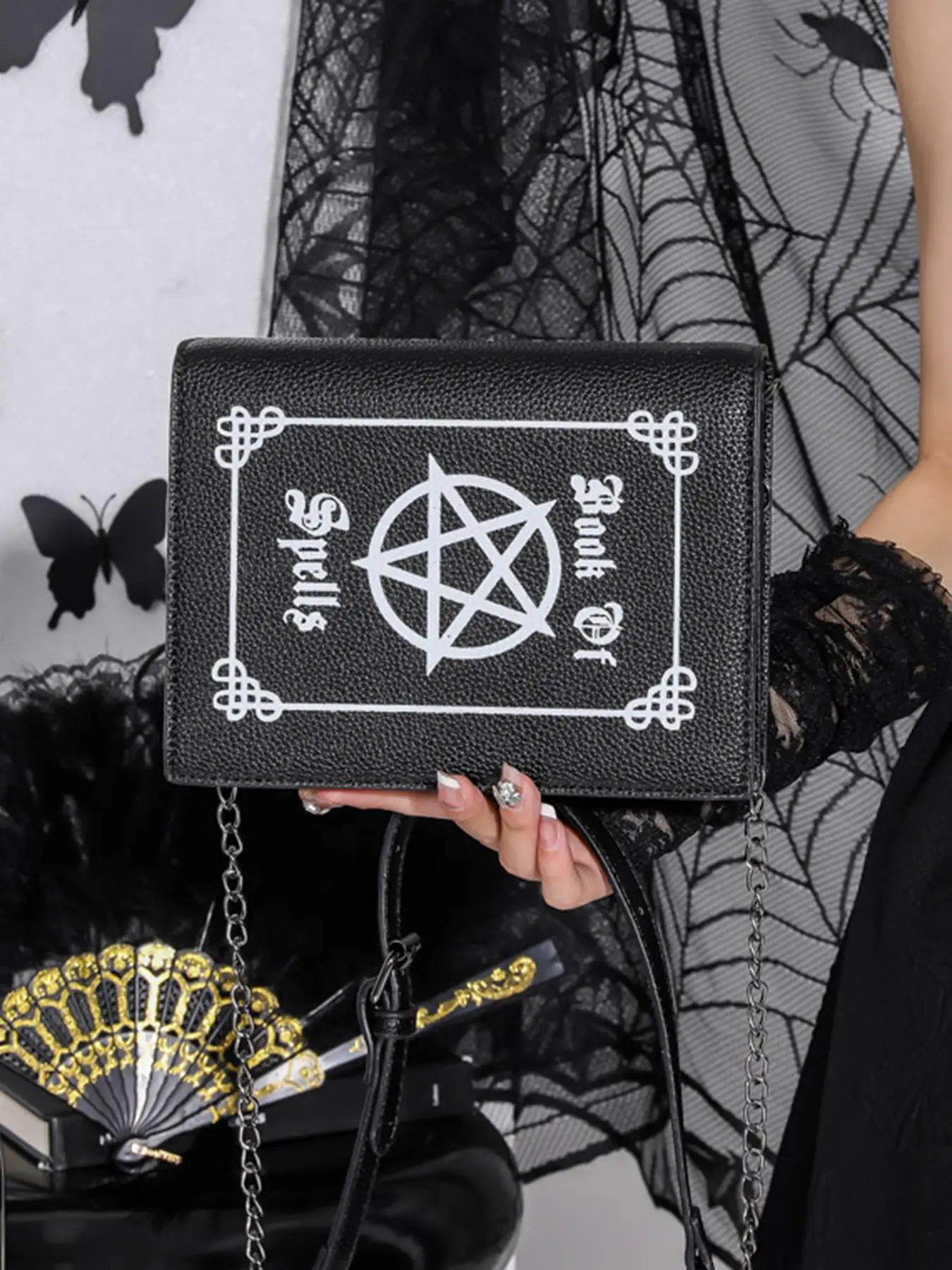 Women's 1 Piece Fashionable Book Shape Chain Strap Crossbody Bag, Gothic Punk Rock Style Scratch Square Phone Shoulder Bag with Adjustable Strap for M