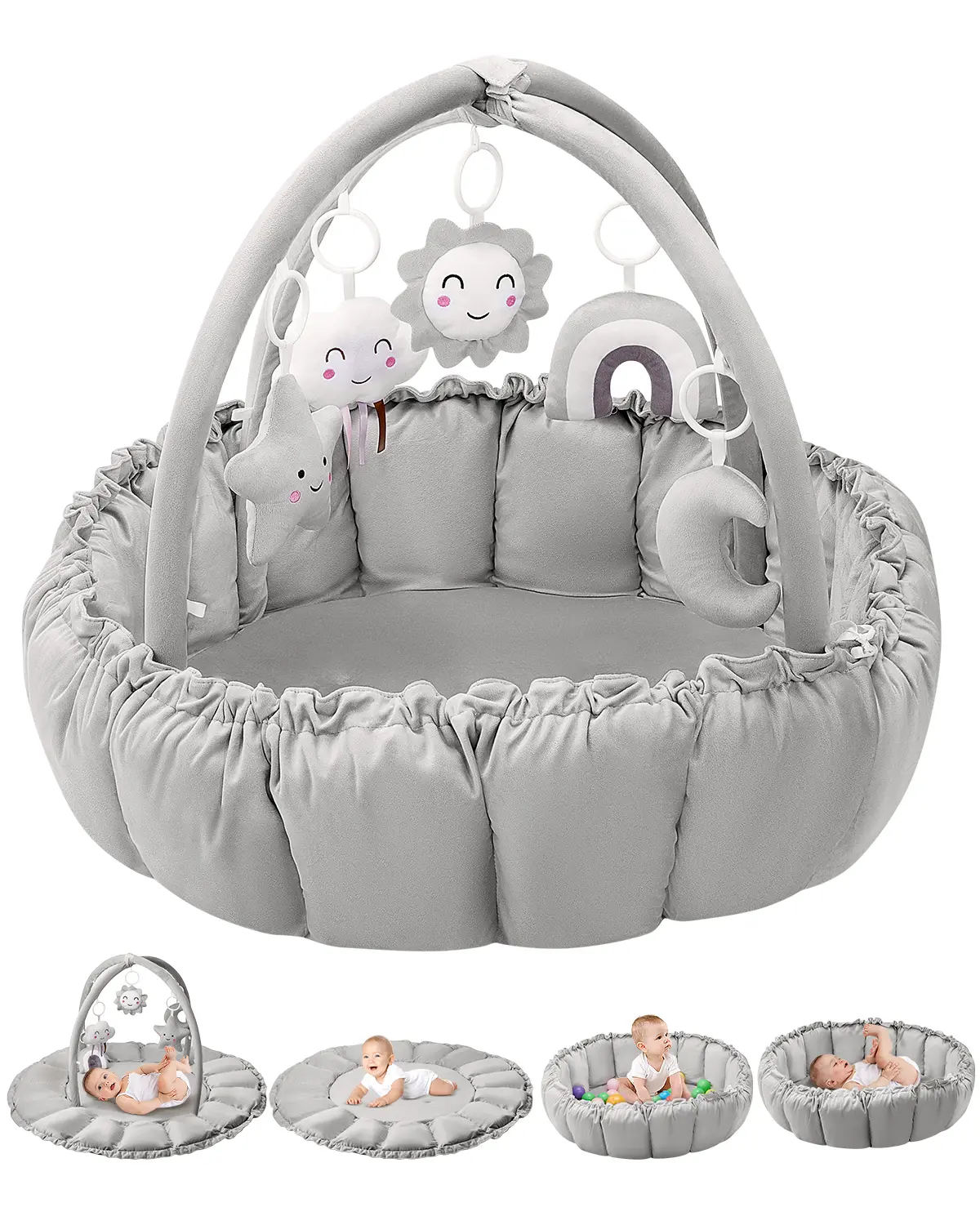 5-in-1 Convertible Baby Gym Play Mat - Soft Padded Nursery Development Mat with Hanging Toys, Lounger & Ball Pit, Machine Washable for Newborns, Ideal for Tummy Time, Baby Play Ideas & Sensory Activities (Gray/Pink)