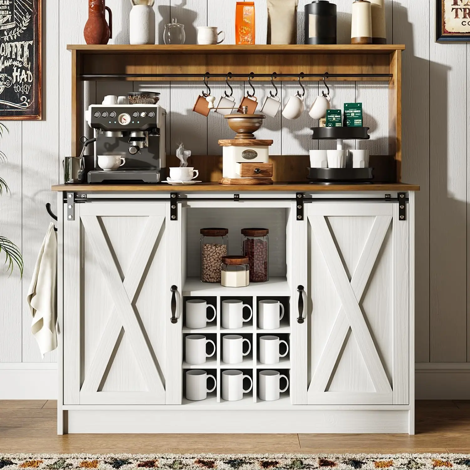 [DealsForYouDays][Summerwins] HOMBCK Farmhouse Coffee Bar Cabinet with Hutch, 47 Inch Buffet Cabinet with Storage,  Wine Bar with 9 Wine Racks and 6 Hooks, Coffee Bar Table with Adjustable Shelves for Living Dining Room