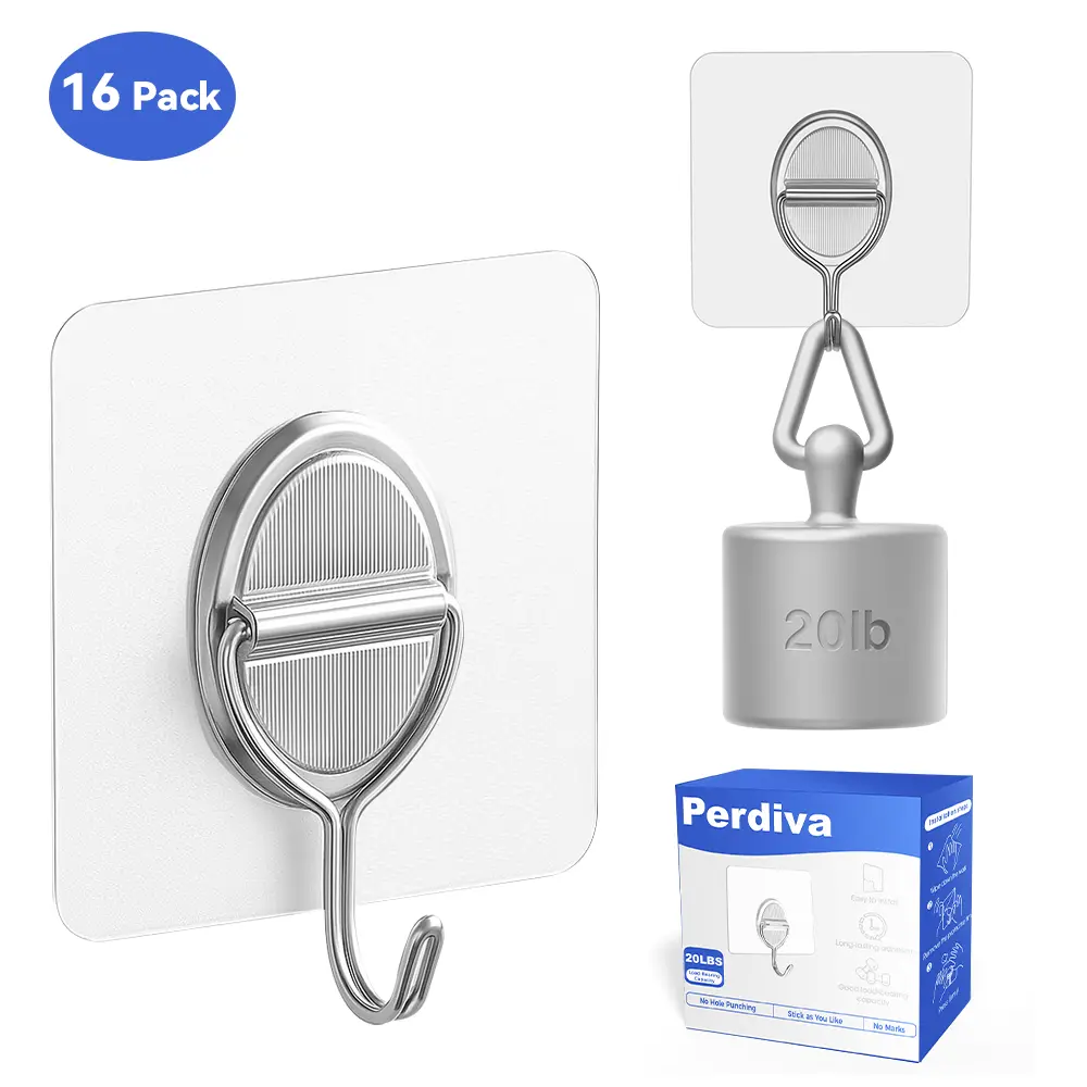 Removable Adhesive Wall Hanging Hooks (16 Pack) - Heavy Duty 20lb Hold, Adjustable Contemporary Design, Easy to Install, Reusable Waterproof, No Damage for Tile/Glass/Wood, Ideal for Household Kitchen