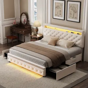 LED Upholstered Bed Frame with Storage Drawers, Adjustable Crystal Tufted Headboard, PU & Velvet Platform Bed, No Box Spring Needed, Full/Queen/King