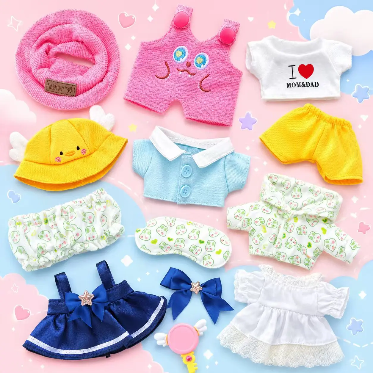 Kireidane 13-14-Piece Polyester Doll Clothing Set for 6-Inch Plush Toys, Dress Up Accessories with Hats, Shirts, Pants, Dresses, Bows, Glasses for Pretend Play & Shelf Display, Dress Up Doll