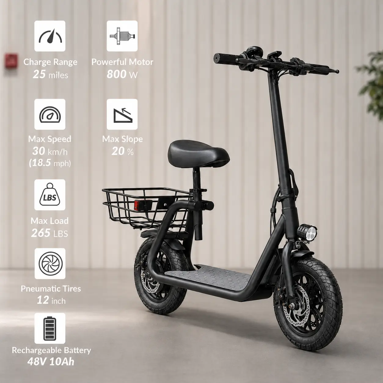 Adult Foldable Electric Scooter with Seat - 800W Motor, 48V 10Ah Battery, 18.5 MPH Top Speed, 12" Tires, Dual Disc Brakes, Rear Cargo Basket, 3-Speed E-Scooter, Adjustable