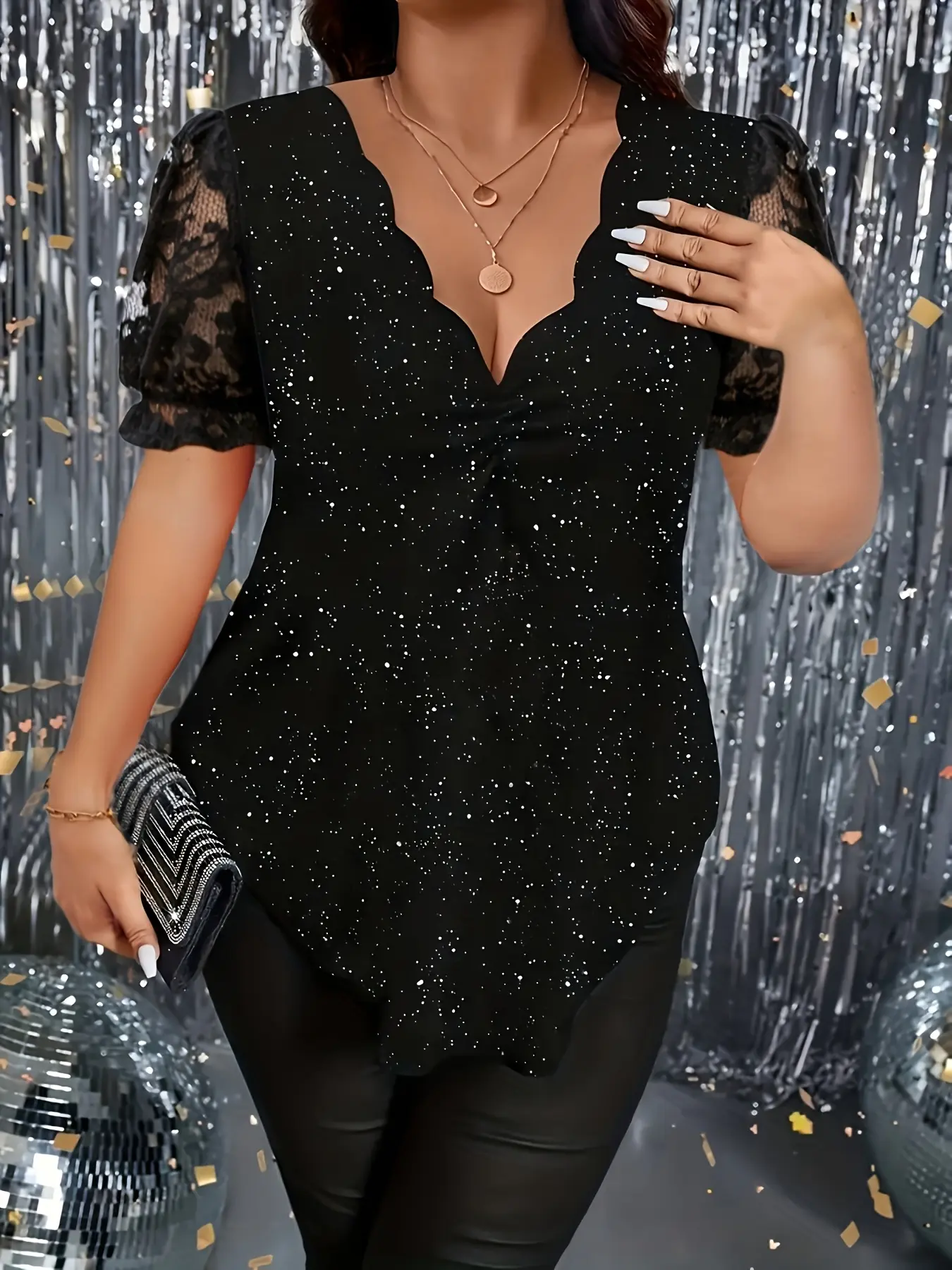 Elegant Feminine Plus Size Women's Lace V-Neck Short Sleeve Sparkly T-Shirt, Fitted, Sparkle Highlights, Wave Design, Casual Fashion Top