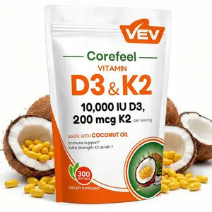 VEV Corefeel Vitamin D3 K2 10000 IU, 300 Virgin Coconut Oil Softgels, 2 in 1 Vitamins Supplement D & K, Dietary Supplemental Pack, Mothersdaygift, Summervibes