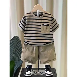 Boys' Stylish Summer Striped Outfit with Short Sleeves And Khaki Shorts Cool Two-Piece Set in Korean Style for Babies for Outdoor