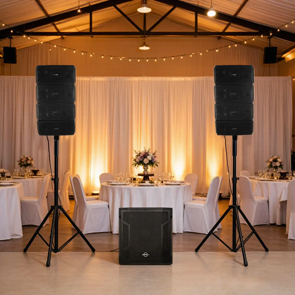 LOTAWAY GWS-042 Powered Line Array Instrumental Speakers - 15-inch Wooden Active Subwoofer, 2200W Professional DJ Audio Stereo, 3-Channel Mixer, Smart DSP, Bluetooth TWS, RCA Inputs, 45Hz, Smartphone Compatibility for Church, Live Events, Bass Speakers, M