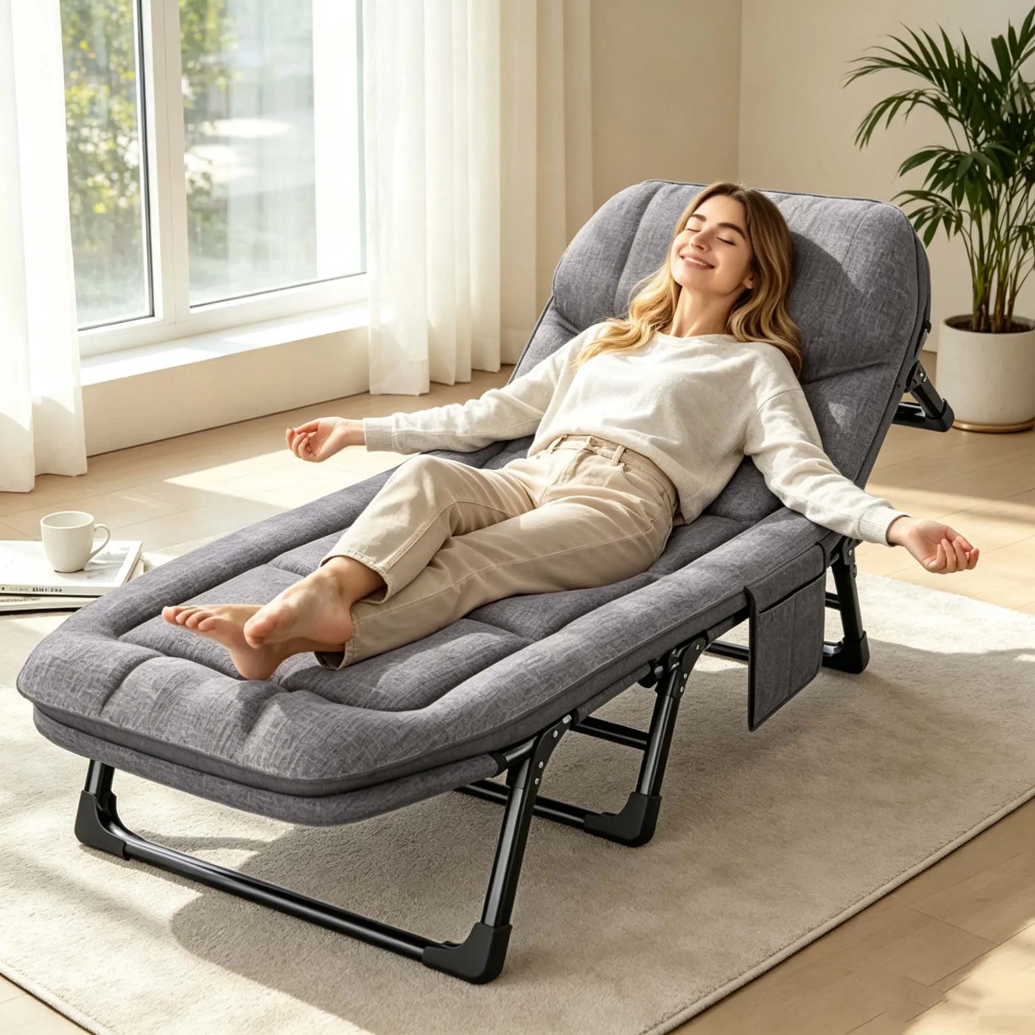 American Style Folding Patio Chaise Lounge with Mattress, Ergonomic Single Reclining Bed, Portable Outdoor Camping Lounger for Patio Garden Office
