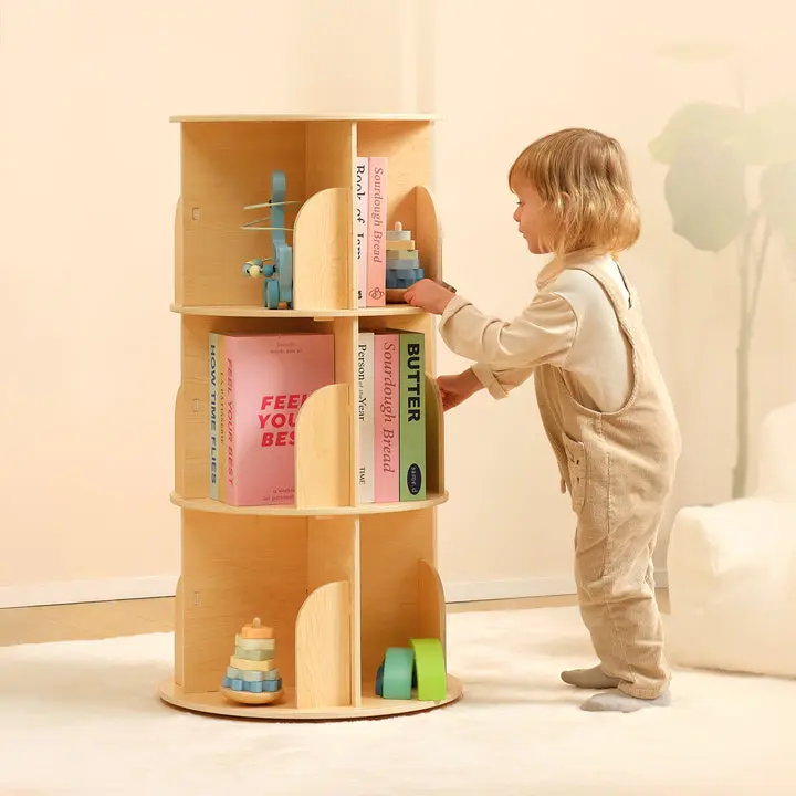 OOOK Plywood Kids' Rotating Corner Bookshelf, Small Standing Bookcase for Indoor Children's Furniture