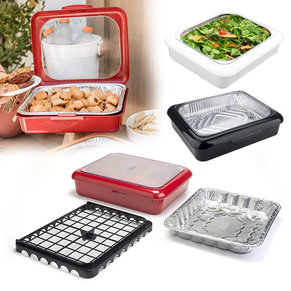 Plastic-Aluminium Food Foil Tray Holder Set with Covers, 35x28x8 cm Spill-Proof Stackable Lunch Container, Lightweight Portable Carrier, Open-Lid Serving Pan for Picnic, Party, Holiday Parties