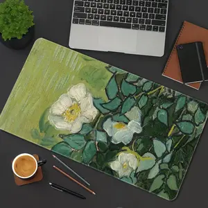 White Flowers VanGogh Style Large Gaming Mouse Pad Golden Mousepad HD Print NonSlip Rubber Base Big Size XXL Extended Keyboard Pad Office Desk Accessories