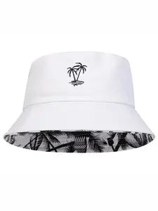 Unisex Dual-Sided Fisherman Hat with Coconut Tree Print, Sun Protection Windproof Fishing Cap, Casual Fitted Daily Wear