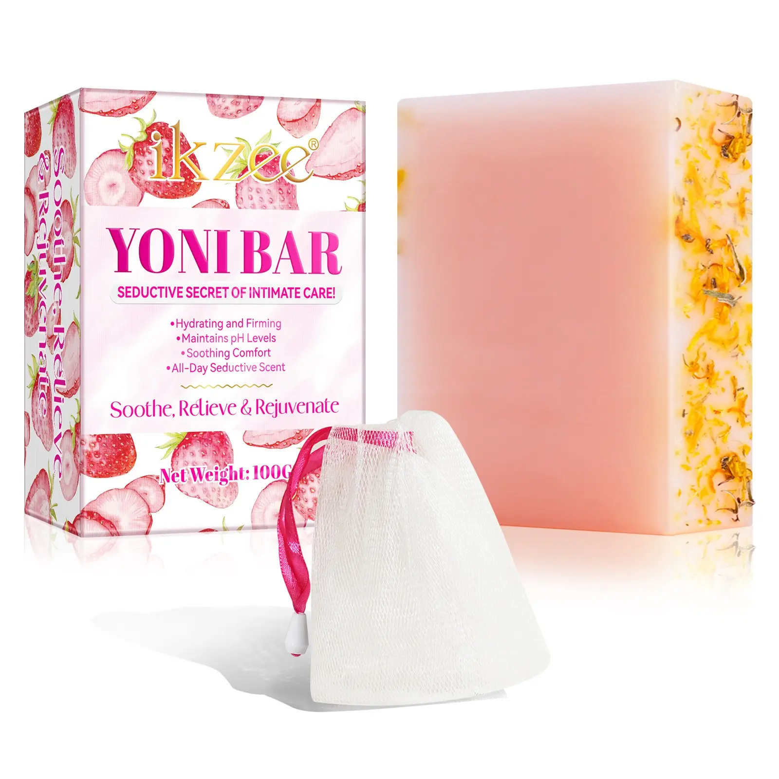 Ikzee Strawberry Private Soap, mild gentle for cleaning, caring for the skin. It contains randomly colored foaming net, rich and creamy foam, easy to rinse, handmade strawberry soap, bath soap.
